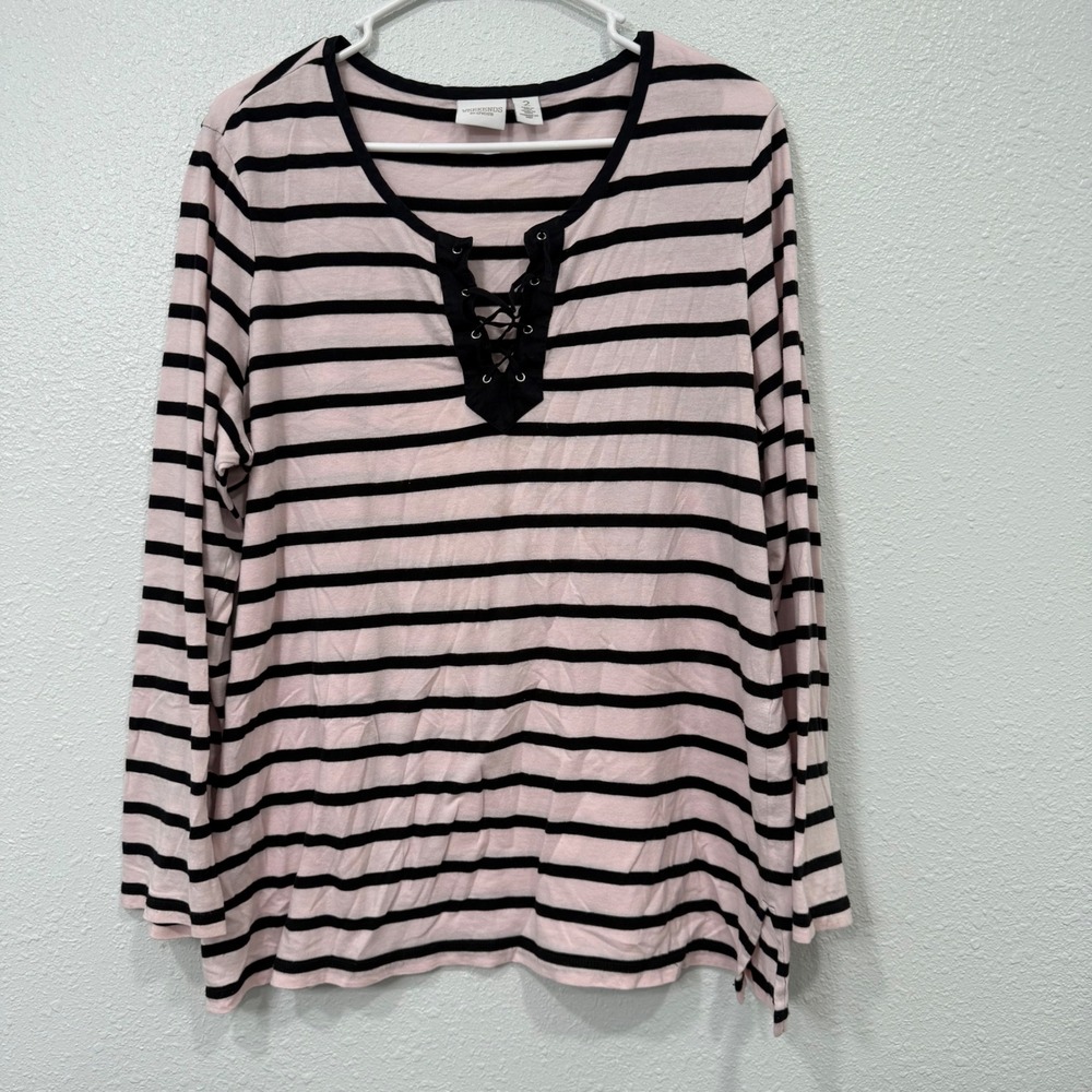 Weekends by Chico's Pink Black Striped Lace Up V-Neck Top Size 2 L Long Sleeve